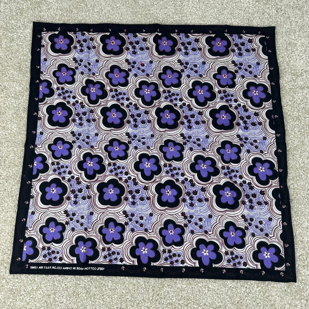 Purple Floral Cotton Bandana Retro Psychedelic Flower Print Handkerchief - Picture 5 of 5
